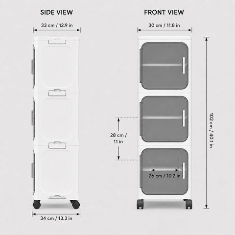 KRISHYAM® 3 Door Slim Plastic Storage Cabinet with Wheels, Collapsible Foldable Organizer with Transparent Doors & Removable Shelves White