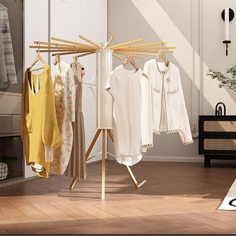 KRISHYAM® 16 Stick Clothes Drying Rack - Portable Indoor/Outdoor Laundry Airer | Space-Saving Tripod Design | Natural Bamboo & White Finish (16 Stick-White & Wooden)