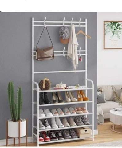 KriShyam® 3-in-1 Entryway Coat Rack & Shoe Bench – Hooks and Shelves for Hats, Coats, and Umbrellas – Stylish Black Multifunctional Organizer (5 - Tier )