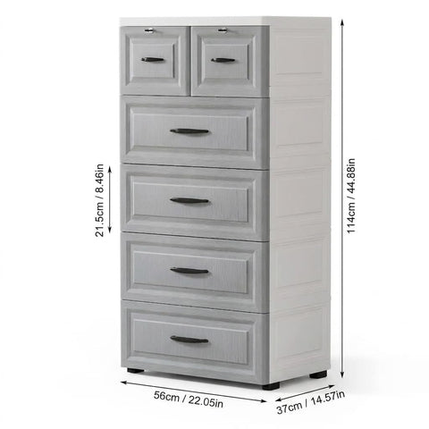 KRISHYAM® 6-Drawer Plastic Drawer Storage Cabinet with Lockable Top Compartments & Concealed Wheels, Multipurpose Clothes Organizer for Bedroom, Kids Room & Home (6 Drawer (Grey & White))
