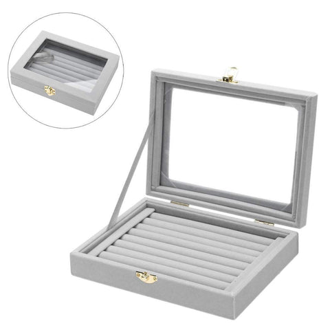 KriShyam® Women Velvet Glass Ring Earrings Jewellery Box Display Storage Showcase Holder Organizer,Ring Display Box Velvet Fabric Glass Tray Holder Storage Box Organizer (Grey)