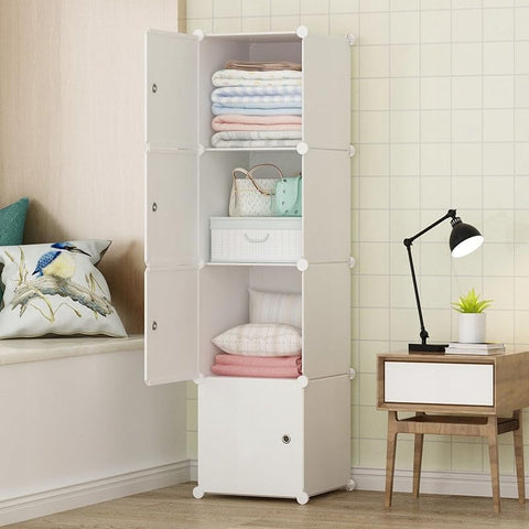 KRISHYAM® Kids Modular Storage Cabinet with White Doors, 4 Cube Plastic Wardrobe Organizer, DIY Closet System with Hanging Rod, Toy & Clothes Storage (White, 4 Box)