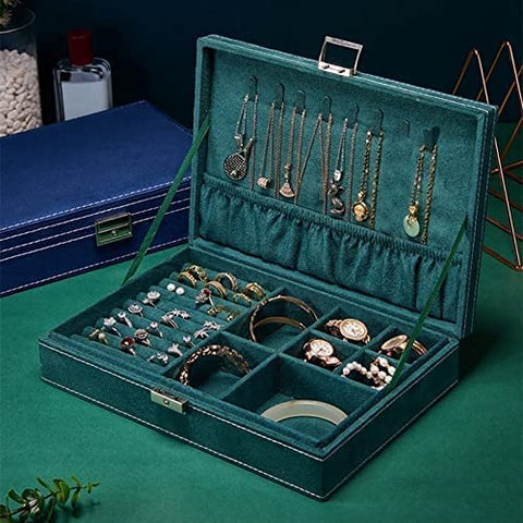 KriShyam® மல்டி-ஃபங்க்ஸ்னல் போர்ட்டபிள் ஜூவல்லரி பாக்ஸ் வெல்வெட் நெக்லஸ் காதணி வளையம் வளையல் நகை பெட்டி ஹோல்டர் ஆர்கனைசர் பெரிய கொள்ளளவு (நிறம்: பச்சை)