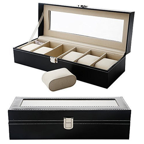 KriShyam® Wrist Watch Storage Box Display Case Organizer of Faux Leather Finish with Glass Window 6 Slot 30x8x11 cm
