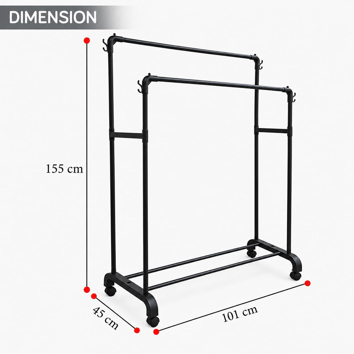 KRISHYAM® Double Rail Clothes Rack with Wheels, Steel Garment Stand with Plastic Joint Connectors, Side Hooks & Bottom Shoe Storage, Mobile Clothes Hanger for Bedroom, Laundry & Closet