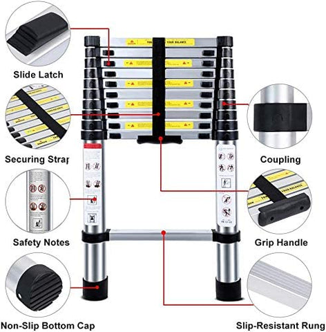 KriShyam® Portable Ultra-Stable Aluminium Folding Compactor Household and Outdoor Purpose, Large, 11-Steps Telescopic Ladder 3.2 Meter (10.5 Feet)