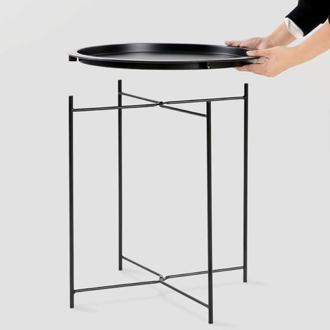 KRISHYAM® Foldable Round Side Table with Removable Tray Top, 47 cm Metal Tray Table with Collapsible X-Frame & Anti-Slip Feet, Bedside End Coffee Table for Sofa, Living Room & Bedroom, Black