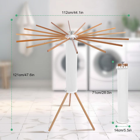 KRISHYAM® 16 Stick Clothes Drying Rack - Portable Indoor/Outdoor Laundry Airer | Space-Saving Tripod Design | Natural Bamboo & White Finish (16 Stick-White & Wooden)