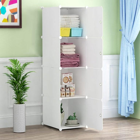 KRISHYAM® Kids Modular Storage Cabinet with White Doors, 4 Cube Plastic Wardrobe Organizer, DIY Closet System with Hanging Rod, Toy & Clothes Storage (White, 4 Box)