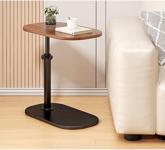 KRISHYAM® Adjustable C-Shaped Side Table for Sofa & Bed, 360° Rotatable Wooden Top, Height Adjustable 45–80 cm Laptop & Bedside Table, Portable End Coffee Snack Table with Metal Base, 40 x 30 cm, Brown & Black