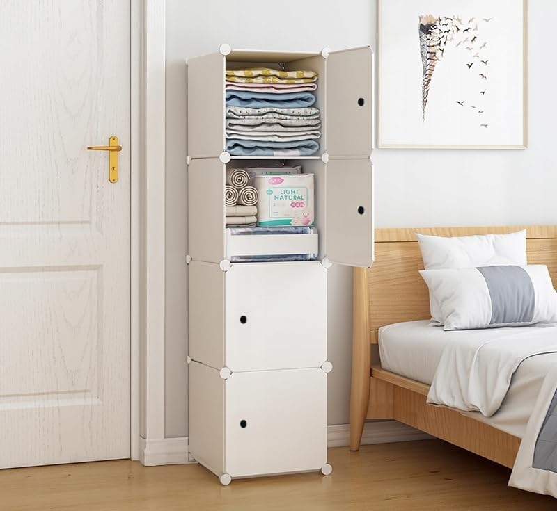 KRISHYAM® Kids Modular Storage Cabinet with White Doors, 4 Cube Plastic Wardrobe Organizer, DIY Closet System with Hanging Rod, Toy & Clothes Storage (White, 4 Box)