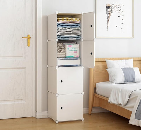 KRISHYAM® Kids Modular Storage Cabinet with White Doors, 4 Cube Plastic Wardrobe Organizer, DIY Closet System with Hanging Rod, Toy & Clothes Storage (White, 4 Box)