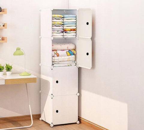 KRISHYAM® Kids Modular Storage Cabinet with White Doors, 4 Cube Plastic Wardrobe Organizer, DIY Closet System with Hanging Rod, Toy & Clothes Storage (White, 4 Box)