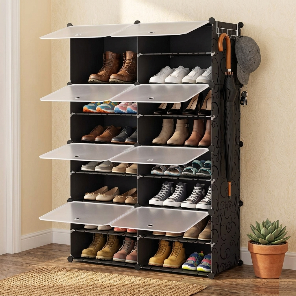 KRISHYAM® 16 Step Modular Shoe Rack Cabinet with Flip Doors & Side Hooks, Stackable Plastic Shoe Storage Organizer for Entryway, Bedroom & Closet, Space Saving Multi Layer (8 Door 16 Step (Black))