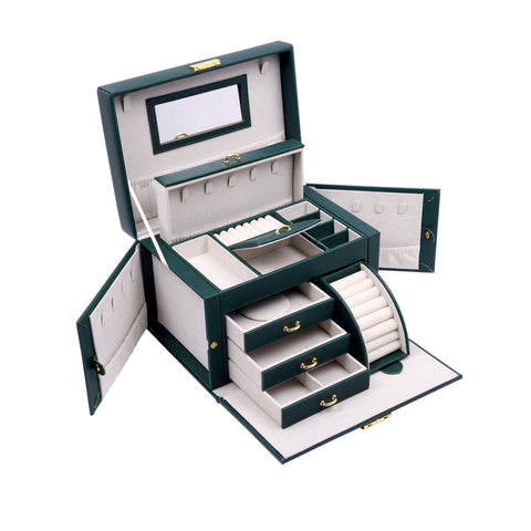 KRISHYAM® Jewelry Box, 4 Layer Leather Jewelry Boxes, Jewelry Organizer with Mirror and Lock for Girls Women Bracelets Rings Necklaces Earrings (Black, Green, Pink, White)