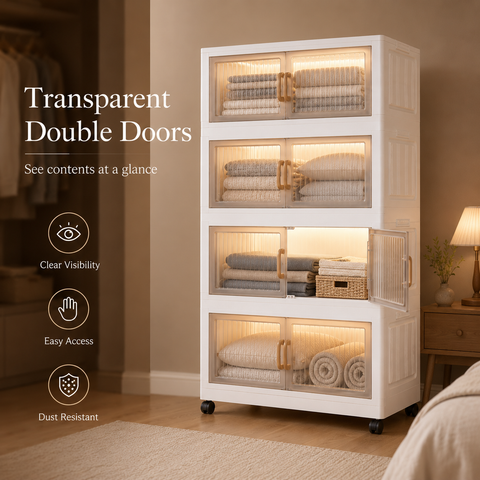 KRISHYAM® Modular Plastic Storage Cabinet with Translucent Doors & Wheels | Multi-Tier Clothes & Utility Organizer | Dustproof Freestanding Wardrobe (4 Layer - 4 Transparent Door (White)