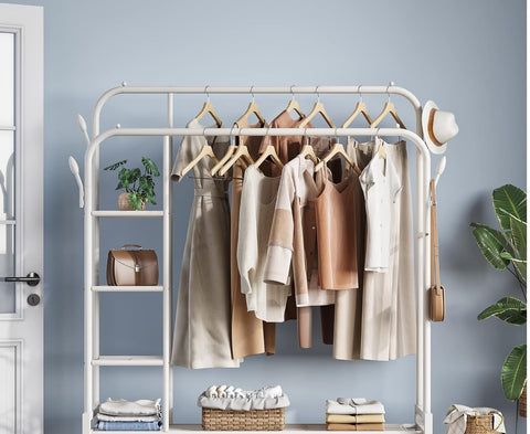 Krishyam® Double Rods Portable Garment Rack Wide Clothes Rail,Metal Clothes Rack with 2 Hanging Rails, 4 Hooks, 4 Side Shelves, and 2 Down Shelves, for Storing Shoes and Clothes