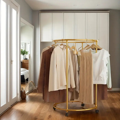 KriShyam® Round Garment Rack with Wheels – Freestanding Metal Clothing Rack, Multi-Purpose Floor-Standing Clothes Organizer for Retail & Home