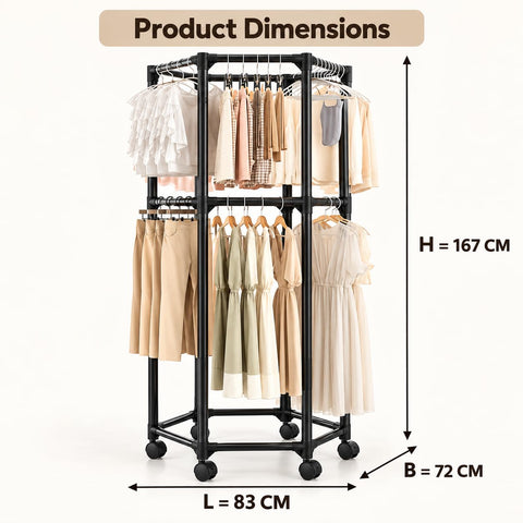 KRISHYAM® 2-Tier Mobile Clothes Garment Rack with 6 Wheels, Double Hanging Rail Portable Wardrobe Organizer for Bedroom, Laundry & Balcony, 83 x 72 x 167 cm, Black