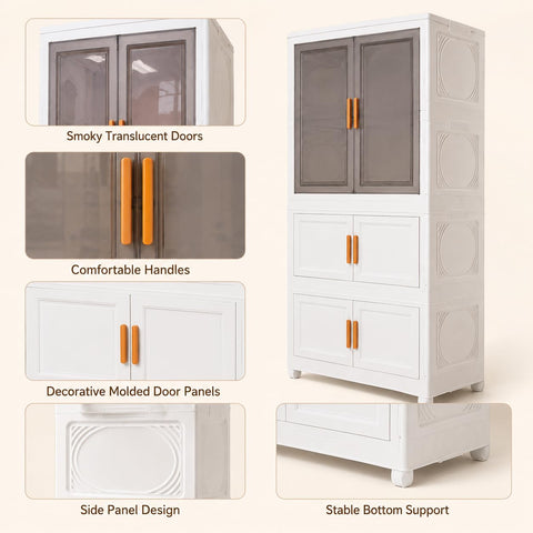 KRISHYAM® 3-Tier Plastic Storage Cabinet with 1 Door Smoky Translucent Upper Doors, Multipurpose Clothes Organizer for Bedroom, Kids Room & Home, 127 x 69 x 35 cm, White Grey