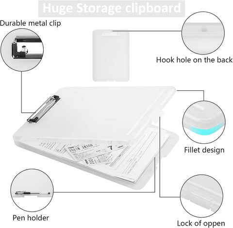 KriShyam® A4 Clipboard with Storage,Storage Clipboard with Clip,Slim Lightweight Plastic Study Writing Pad Foldable with Pen Holder & Document Compartment (Black, white, Pink)