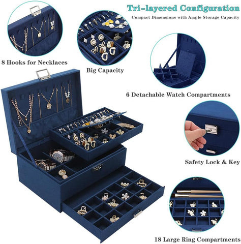 KRISHYAM® 3-Layer Velvet Jewelry Storage Box with Lock – Multi-Compartment Organizer Case for Rings, Earrings, Bracelets, Necklaces & Watches (Blue)
