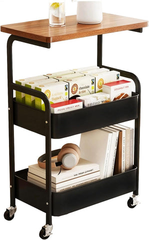 KriShyam ®Rolling Storage Organizer with Wooden Tabletop, Metal Utility, Lockable Wheels for Kitchen, Office, Bedroom (2-Layer Square with Wooden Top)