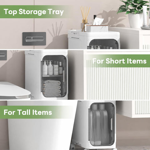 KRISHYAM® 4 Door Slim Plastic Storage Cabinet with Wheels, Narrow Multipurpose Organizer with Transparent Doors, Removable Shelves & Magnetic Closure White