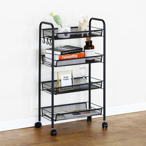 KriShyam ® Rolling Storage Organizer with Wooden Tabletop, Metal Utility, Lockable Wheels for Kitchen, Office, Bedroom (4-Layer Rectangular)