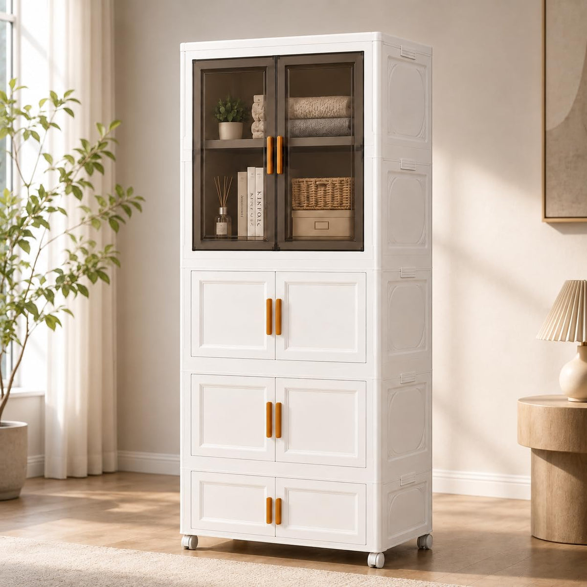 KRISHYAM® 4-Tier Plastic Storage Cabinet with 1 Transparent Door & Wheels, Smoky Translucent Doors, Multipurpose Clothes Organizer for Bedroom & Home, 159 x 69 x 34 cm