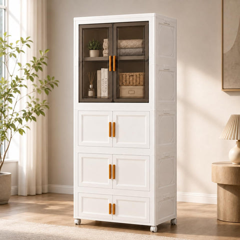 KRISHYAM® 4-Tier Plastic Storage Cabinet with 1 Transparent Door & Wheels, Smoky Translucent Doors, Multipurpose Clothes Organizer for Bedroom & Home, 159 x 69 x 34 cm