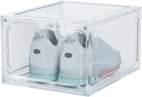 KRISHYAM® Drop Front Shoe Box with Clear Door,1 pack Plastic Shoe Boxes Stackable,Thicken & Sturdy Organizer Containers For Sneakers,Fit up to US Size 12(13.5”x 10.5”x 7.4”) (Set of 1, Black,White