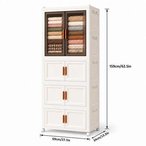 KRISHYAM® 4-Tier Plastic Storage Cabinet with 1 Transparent Door & Wheels, Smoky Translucent Doors, Multipurpose Clothes Organizer for Bedroom & Home, 159 x 69 x 34 cm