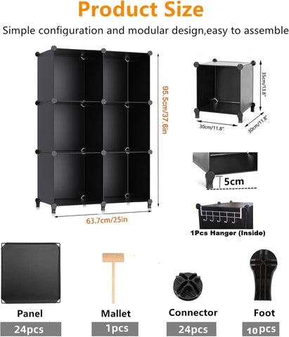 Krishyam® Modular 6-Cube Storage Organizer Rack | DIY Plastic Wardrobe Cabinet Shelves with Metal Frame & Connectors | Multi-Purpose Clothes, Books & Toy Storage Unit