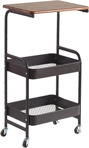 KriShyam ®Rolling Storage Organizer with Wooden Tabletop, Metal Utility, Lockable Wheels for Kitchen, Office, Bedroom (2-Layer Square with Wooden Top)