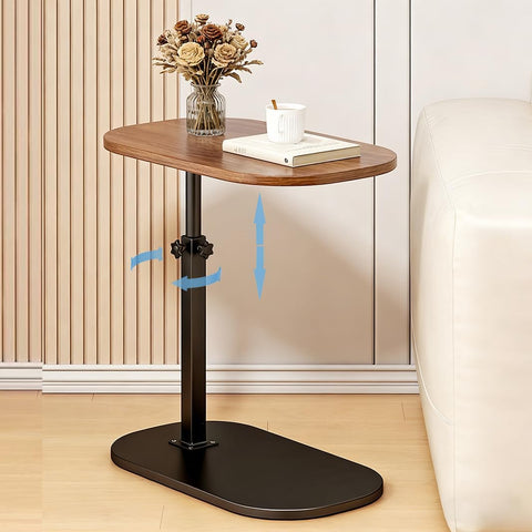 KRISHYAM® Adjustable C-Shaped Side Table for Sofa & Bed, 360° Rotatable Wooden Top, Height Adjustable 45–80 cm Laptop & Bedside Table, Portable End Coffee Snack Table with Metal Base, 40 x 30 cm, Brown & Black