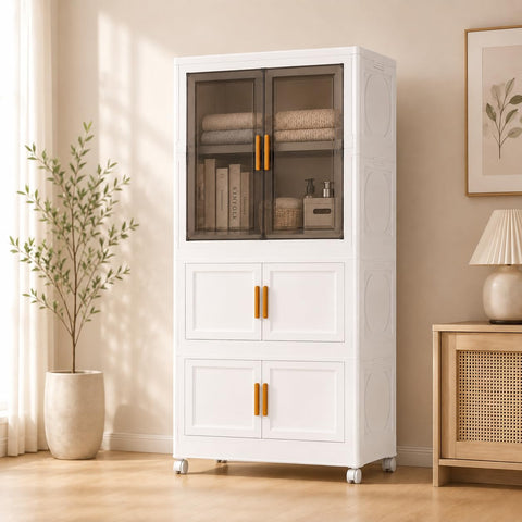 KRISHYAM® 3-Tier Plastic Storage Cabinet with 1 Door Smoky Translucent Upper Doors, Multipurpose Clothes Organizer for Bedroom, Kids Room & Home, 127 x 69 x 35 cm, White Grey
