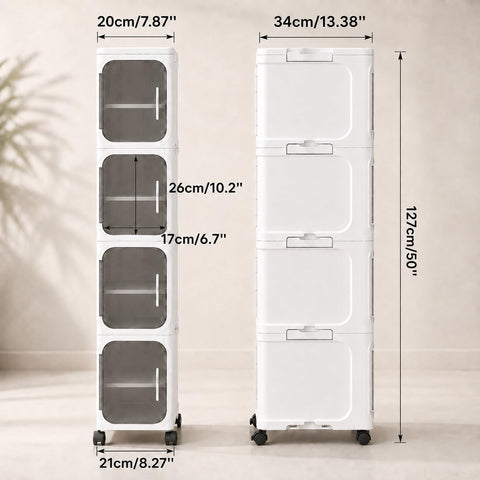 KRISHYAM® 4 Door Slim Plastic Storage Cabinet with Wheels, Narrow Multipurpose Organizer with Transparent Doors, Removable Shelves & Magnetic Closure White