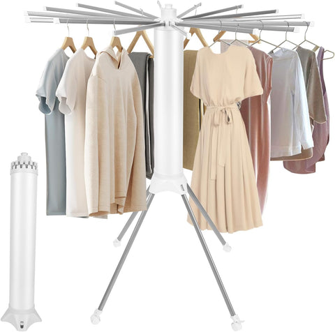KRISHYAM® 16 Stick Clothes Drying Rack - Portable Indoor/Outdoor Laundry Airer | Space-Saving Tripod Design | Natural Bamboo & White Finish (16 Stick-White & Wooden)