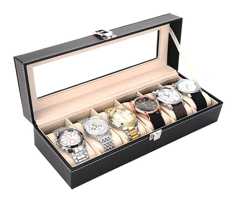 KriShyam® Wrist Watch Storage Box Display Case Organizer of Faux Leather Finish with Glass Window 6 Slot 30x8x11 cm