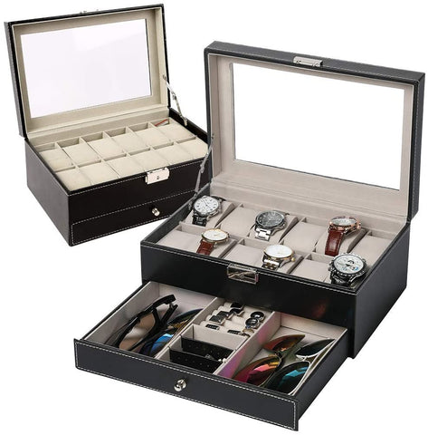 KriShyam® Men and Women Watch Box/Watch Case/Organizer/Storage box(Double Layer (12 slot watch + jewelry organizer)