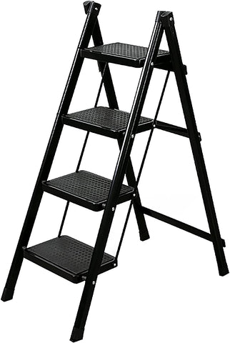 KRISHYAM 4-Step Folding Step Ladder – Heavy Duty Black Step Stool with Handrails, Portable Steel Frame, (Black, 4 STEP LADDER)