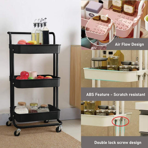 KriShyam ® Rolling Storage Organizer with Wooden Tabletop, Metal Utility, Lockable Wheels for Kitchen, Office, Bedroom (3-Layer Square with Handle)