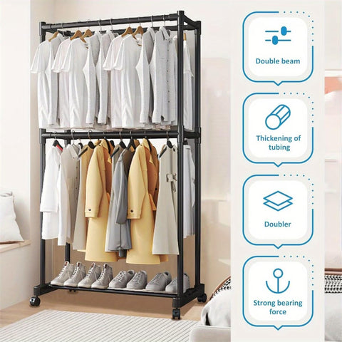 KRISHYAM® Double Rod Clothes Rack with Wheels 2 Tier Garment Rack with Bottom Shoe Shelf, Heavy Duty Metal Clothing Stand, Portable Coat Hanger Organizer for Bedroom (75 x 42 x 158 cm)