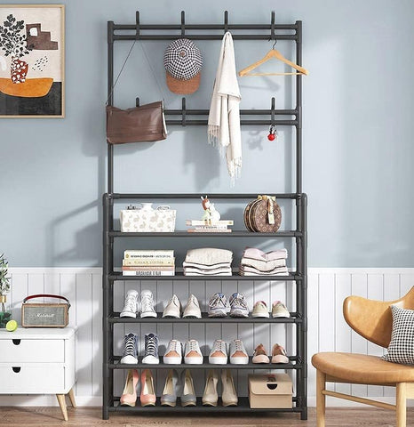 KriShyam® 3-in-1 Entryway Coat Rack & Shoe Bench – Hooks and Shelves for Hats, Coats, and Umbrellas – Stylish Black Multifunctional Organizer (5 - Tier )