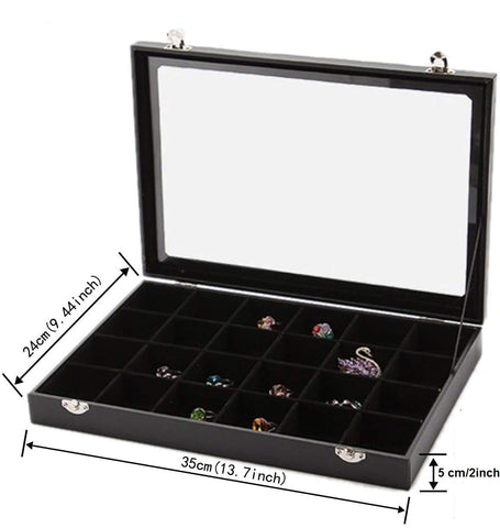 KriShyam®  Removable 24 Grid Jewelry Boxes Stackers Jewelry Display Case Clear Top New Velvet material with Lock (24 Grid Box Black)35 x 24 x 5cm
