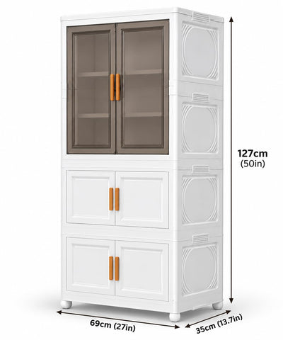 KRISHYAM® 3-Tier Plastic Storage Cabinet with 1 Door Smoky Translucent Upper Doors, Multipurpose Clothes Organizer for Bedroom, Kids Room & Home, 127 x 69 x 35 cm, White Grey