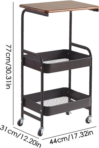 KriShyam ®Rolling Storage Organizer with Wooden Tabletop, Metal Utility, Lockable Wheels for Kitchen, Office, Bedroom (2-Layer Square with Wooden Top)
