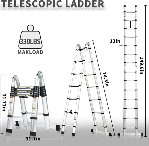 KRISHYAM® 1.9M+1.9M/3.8M/12.5FT அலுமினியம் தொலைநோக்கி நீட்டிப்பு ஏணி, A-Frame Telescopic Ladder போர்ட்டபிள் ஃபோல்டிங் லேடர் வெளிப்புற மற்றும் வீட்டிற்கான ஆண்டி-ஸ்லிப் ஆதரவு பட்டையுடன் வேலை செய்கிறது