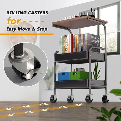 KriShyam ®Rolling Storage Organizer with Wooden Tabletop, Metal Utility, Lockable Wheels for Kitchen, Office, Bedroom (2-Layer Square with Wooden Top)
